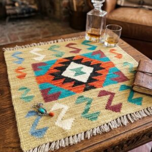 A top down view of herat rug showing multi-colour pattern